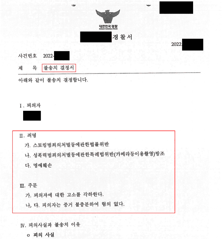 명예훼손 스토킹으로 고소당했지만 불송치 불기소 결정이 나온 사례