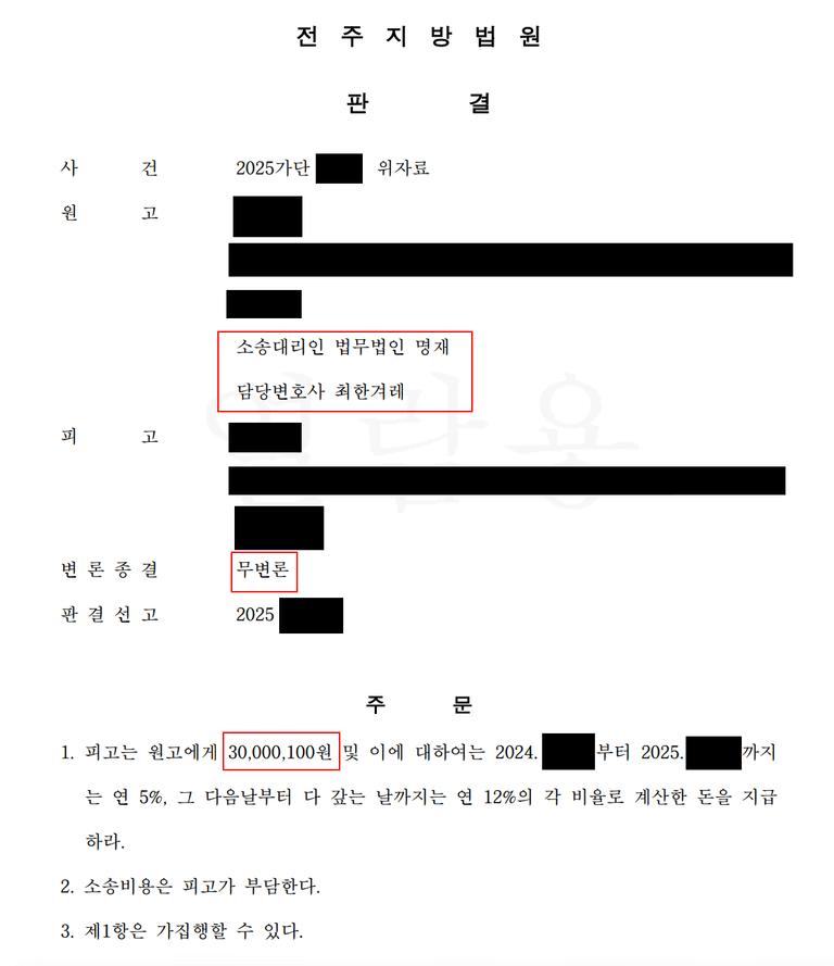 불륜위자료 상간위자료 소송에서 상대방의 무대응으로 무변론판결