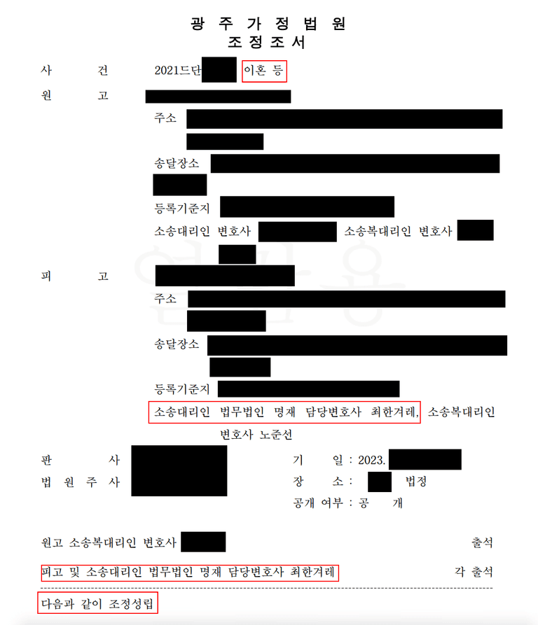 이혼소송, 재산분할 다툼 끝에 조정에서 합의한 사건