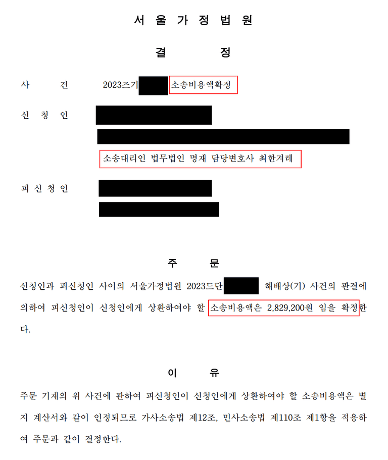 상간소송 불륜소송 피고입장 방어 성공, 승소사례(소송비용액확정)