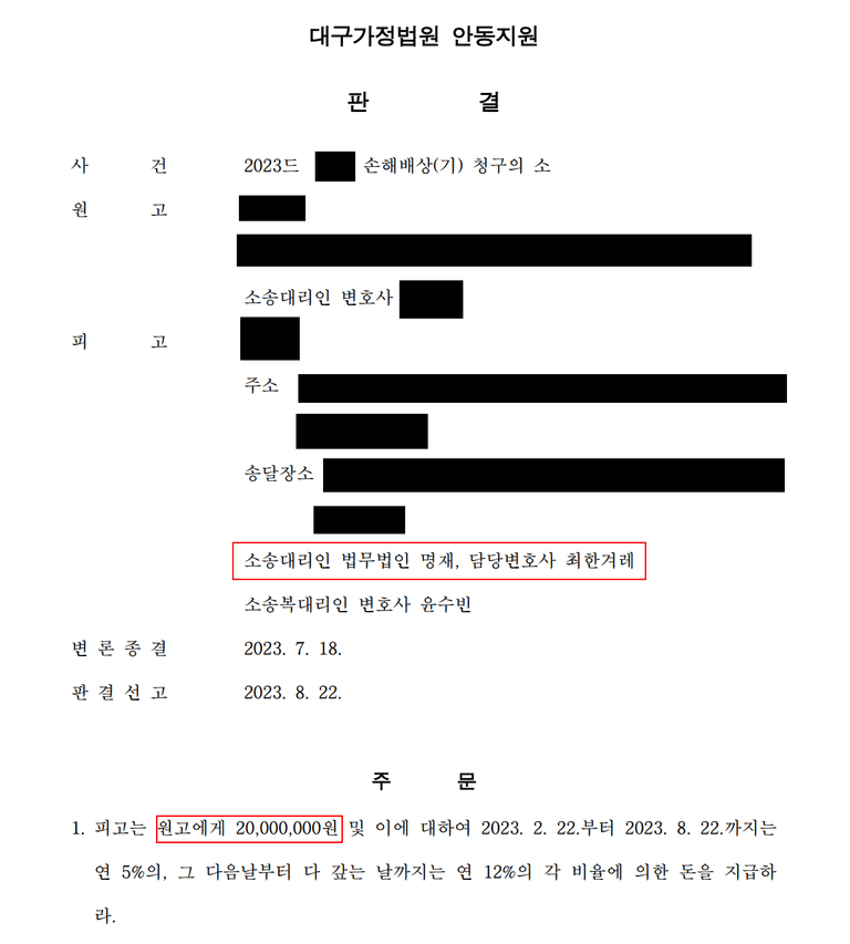 부정행위 불륜으로 인한 상간 위자료 2천만원 소송 판결 사례