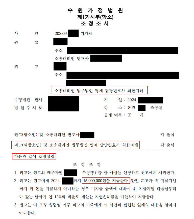 불륜 소송, 위자료 및 항소심 조정 합의 사례