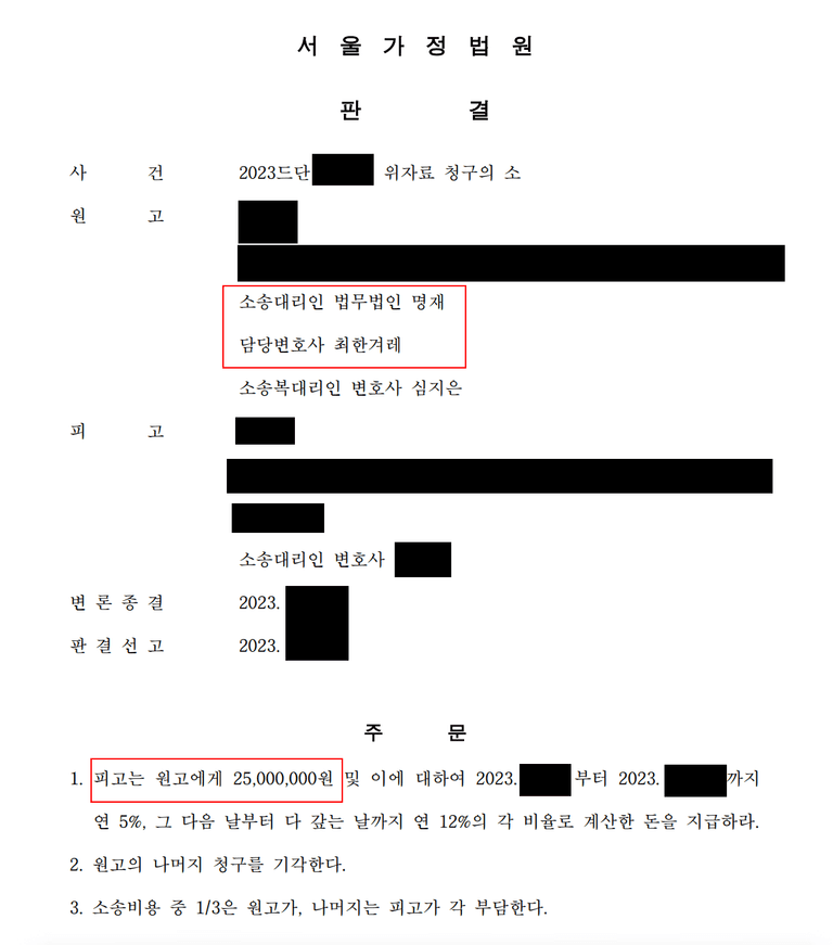 남편 내연녀와의 위자료 청구 소송 결과