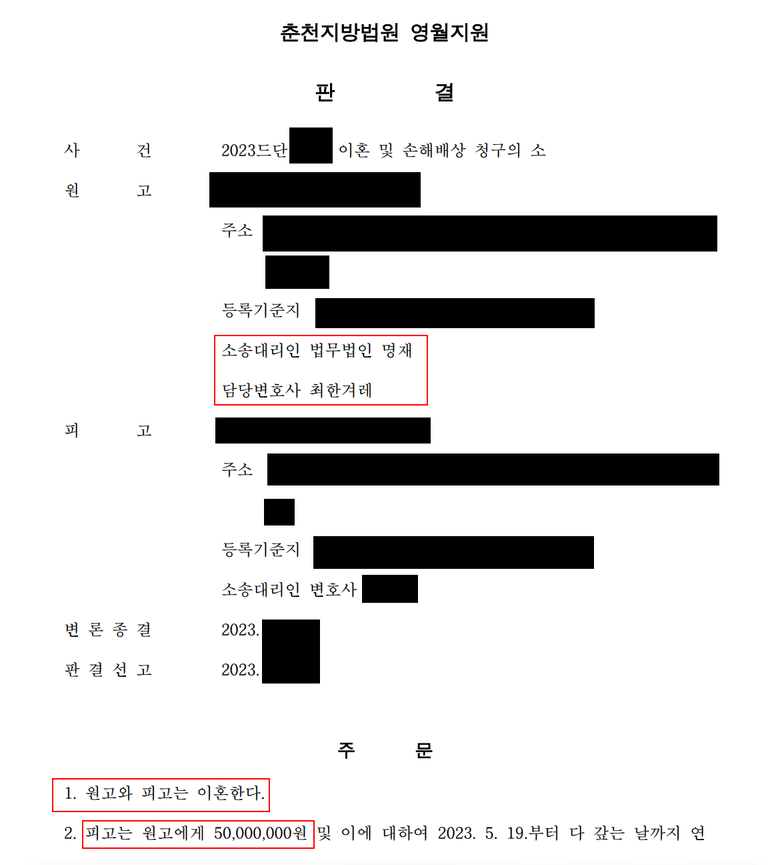 불륜으로 인한 이혼소송과 위자료 청구 사례