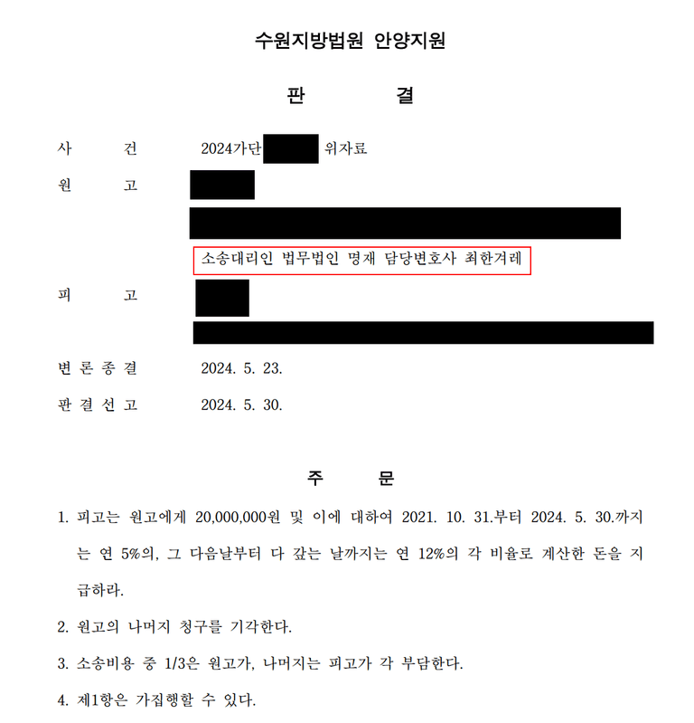 상간소송과 맞소송 원고소송 위자료 2천만원