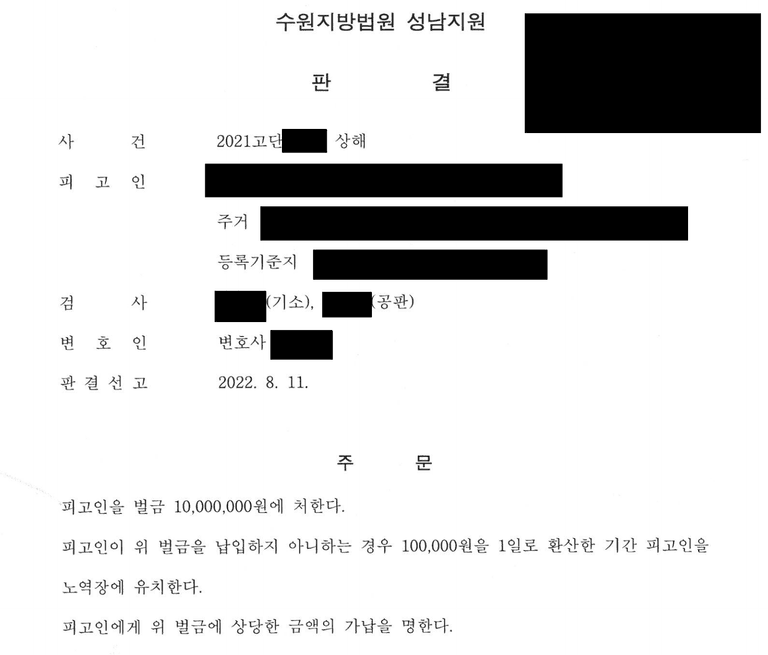 검사의 항소 기각된 상해죄 판결, 벌금 1천만 원 선고