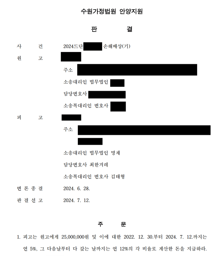 부정행위 관련 위자료 소송 사례(유부남 직장상사와 불륜)