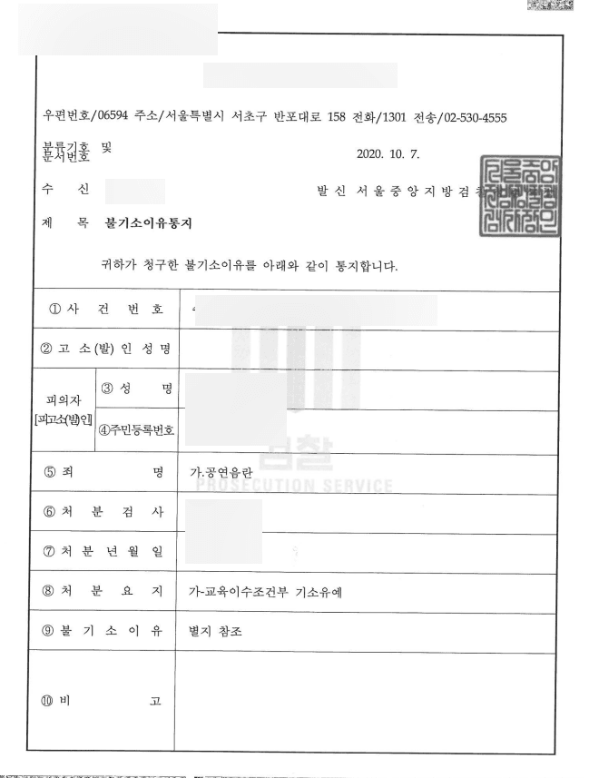 공연음란죄 교육조건부 기소유예 처분
