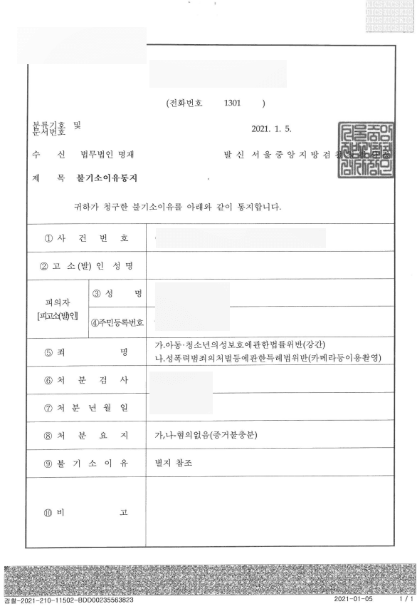 아청법 및 카메라등이용촬영죄 혐의 없음 처분