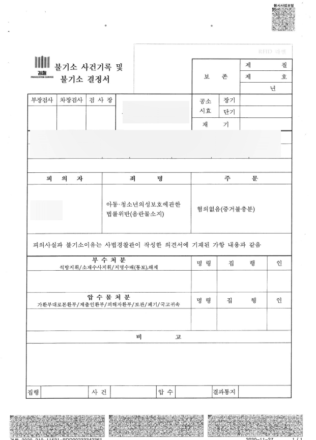 아동청소년의성보호에관한법률위반(음란물소지) 혐의 없음 판결