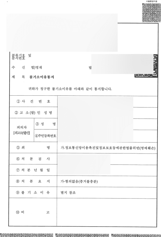 정통법 위반 (명예훼손) 혐의 없음 처분