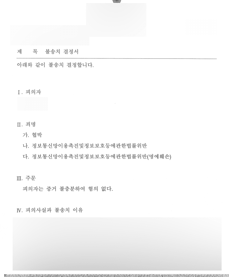 정보통신망이용촉진및정보보호등에관한법률 (명예훼손) 혐의없음